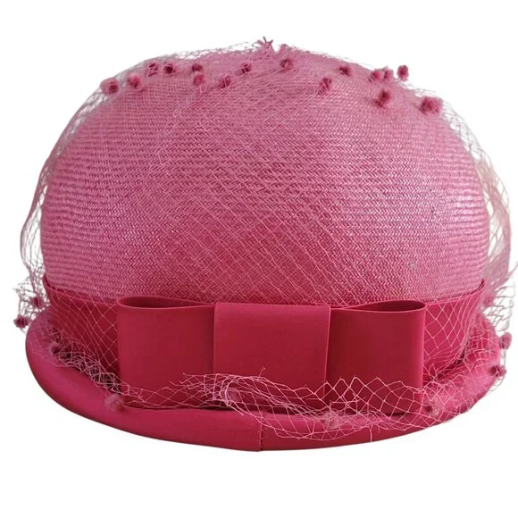 VTG Mid Century Pink Pillbox Derby Hat with Swiss Dot Netting and Bow 1950s